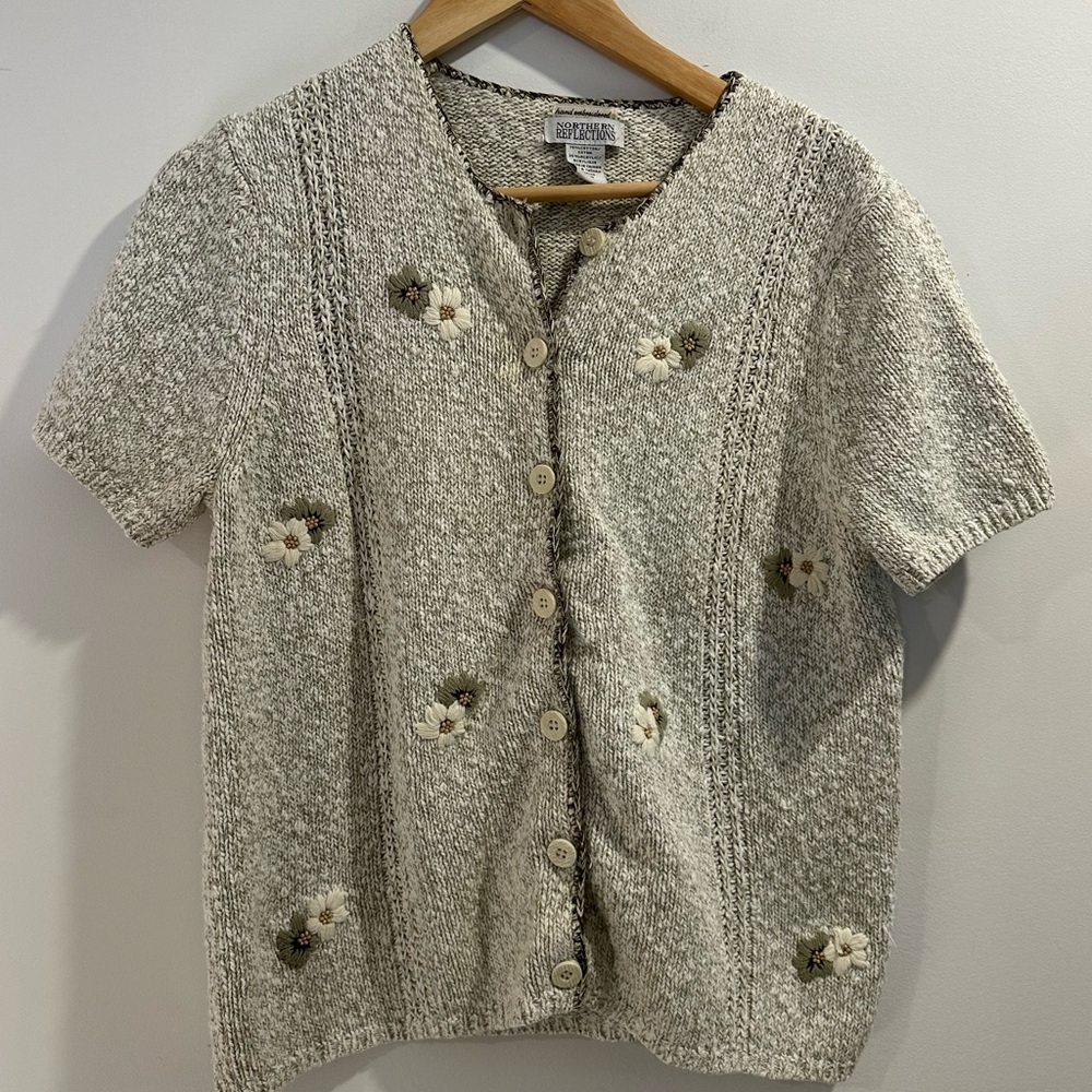 Gray Button-Up Knit Cardigan with Floral Accents